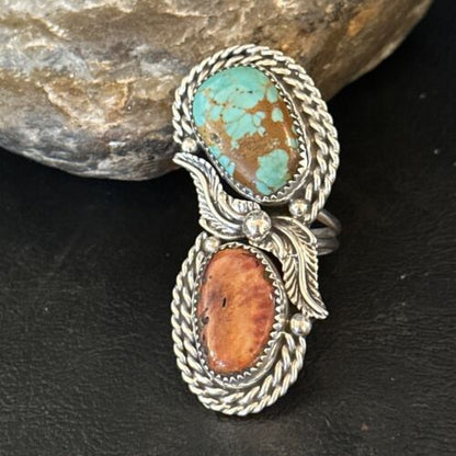 Navajo Women's Turquoise Spiny Oyster Multi-Stone Ring | Authentic Native American Sterling Silver | Multi-Stone | Sz 7.5 | 14489