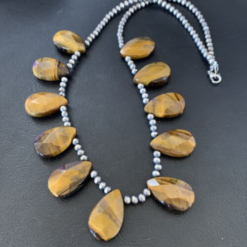 Navajo Pearl Sterling Silver Necklace | Coffee Tiger's Eye Teardrop Pendant | 21" | 11748