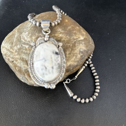 Navajo White Buffalo Turquoise Pendant Necklace | Sterling Silver | Authentic Native American Handmade | 14244