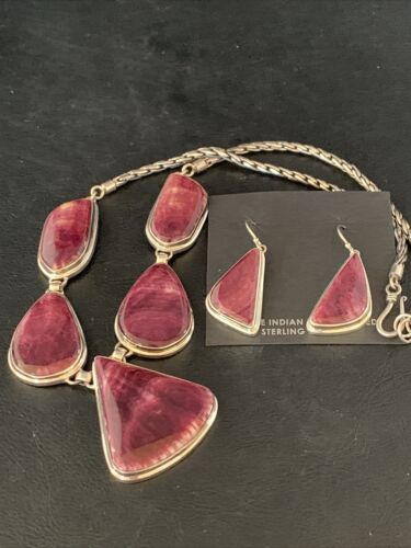 Navajo Purple Spiny Oyster Necklace Choker Earrings Set | Sterling Silver Pendant | 20" | Authentic Native American Handmade | 13792
