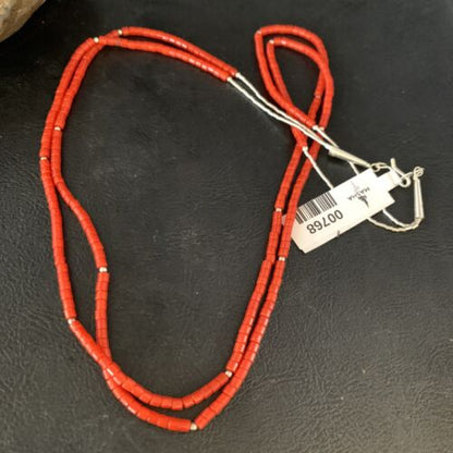 Navajo Red Coral Liquid Heishi Necklace | 2 Strands Sterling Silver Tubes | 22" | Authentic Native American Handmade | 768