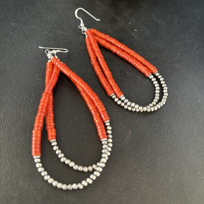 Southwestern Coral Heishi Bead Earrings | Sterling Silver | 3.5" | 14425