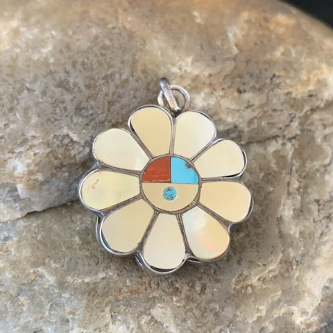 Zuni Yellow White MOP CORAL Inlay Sunface Sterling Silver 2 Sided Pendant 1683