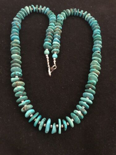 Santo Domingo Kingman Turquoise Necklace | Sterling Silver | 21" | Authentic Native American Handmade | 3996 - Masha USA