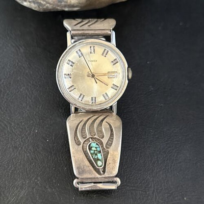 Men's Bear Paw Blue Turquoise Chip Inlay Watch Tips | Navajo Sterling Silver | Authentic Native American Jewelry | 14310