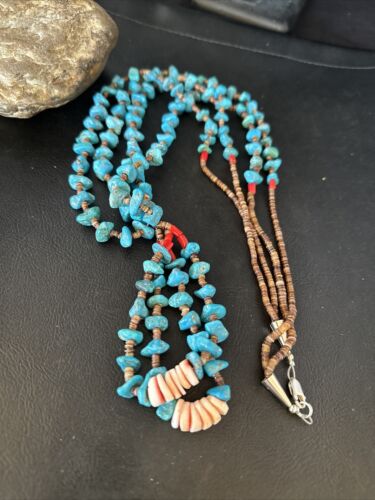 Santo Domingo Shell Turquoise Bead Pendant Jacla Necklace | 2 Strand | Pearls | Native American Handmade | 14633