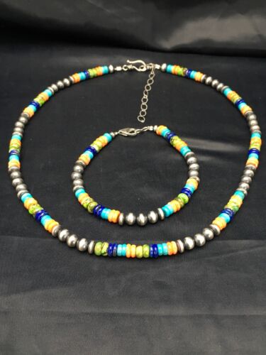 Southwestern Turquoise Spiny Oyster Lapis Necklace & Bracelet Set | Sterling Silver | 18" | Authentic Native American Handmade