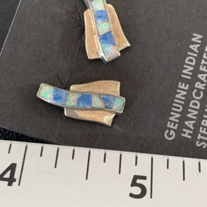 Navajo Blue Denim Lapis Opal Inlay Earrings | Sterling Silver | Women's Southwestern | 12900