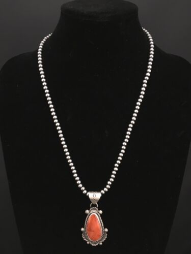Navajo Orange Spiny Oyster Pendant | Sterling Silver Pearls | Authentic Native American Handmade | 1296