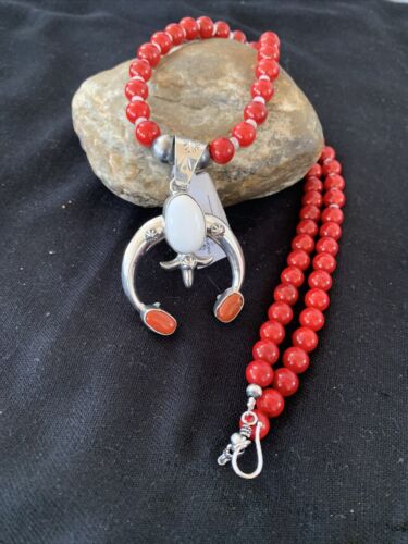 Navajo Sterling Silver Naja Pendant Necklace | White Buffalo Turquoise & Coral | Authentic Native American Handmade | 1433