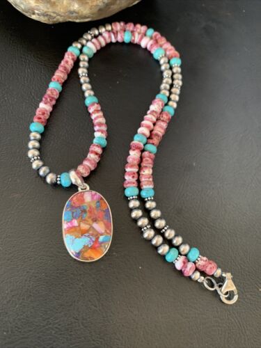 Navajo Pearl Sterling Silver Necklace with Turquoise and Purple Spiny Oyster Pendant | 13278