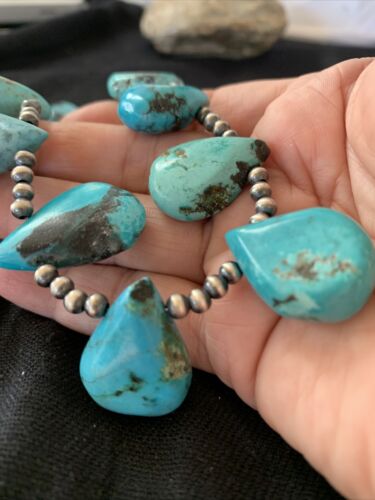 Native American Navajo Pearls Necklace | Sterling Silver Blue Turquoise Teardrop | Authentic Handmade | 942