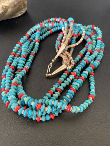 Southwestern Santo Domingo Coral Spiny Blue Turquoise Necklace | 5 Strand | 22" | 12049