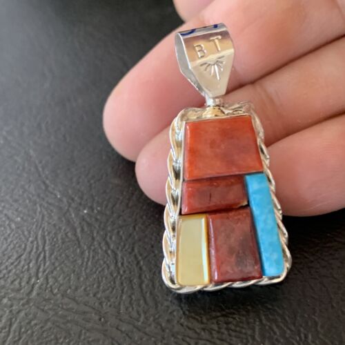 Zuni Yellow Mother of Pearl Turquoise Coral Inlay Sun Face Pendant | Sterling Silver | 2-Sided | 1685