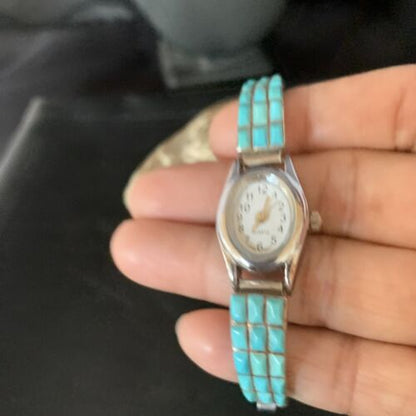 Navajo Sterling Silver Watch Tips with Turquoise Corn Inlay Band | Authentic Native American Jewelry | 13694