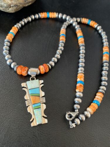 Navajo Turquoise Spiny Oyster Inlay Pendant | Sterling Silver | Authentic Native American Handmade | 11801