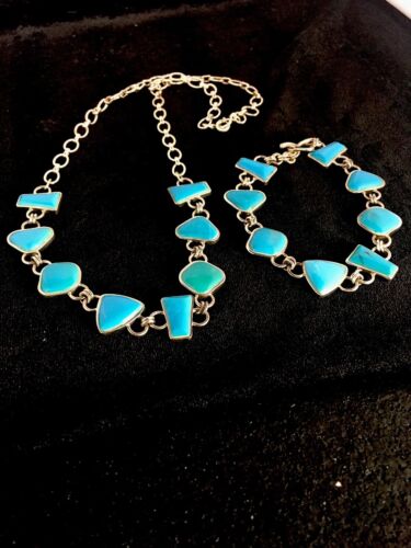 Navajo Sterling Silver Inlay Blue Turquoise Necklace & Bracelet Set | Old Pawn Jewelry | Authentic Native American Handmade | 8741