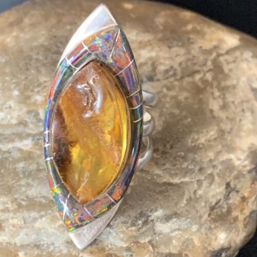 Native Gold Pomellato Amber Navajo Sterling Silver Opal Inlay Ring Sz 9 12850