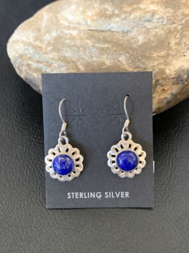 Navajo Flower Blue Lapis Lazuli Dangle Drop Earrings | Sterling Silver | 0.50" | 12711