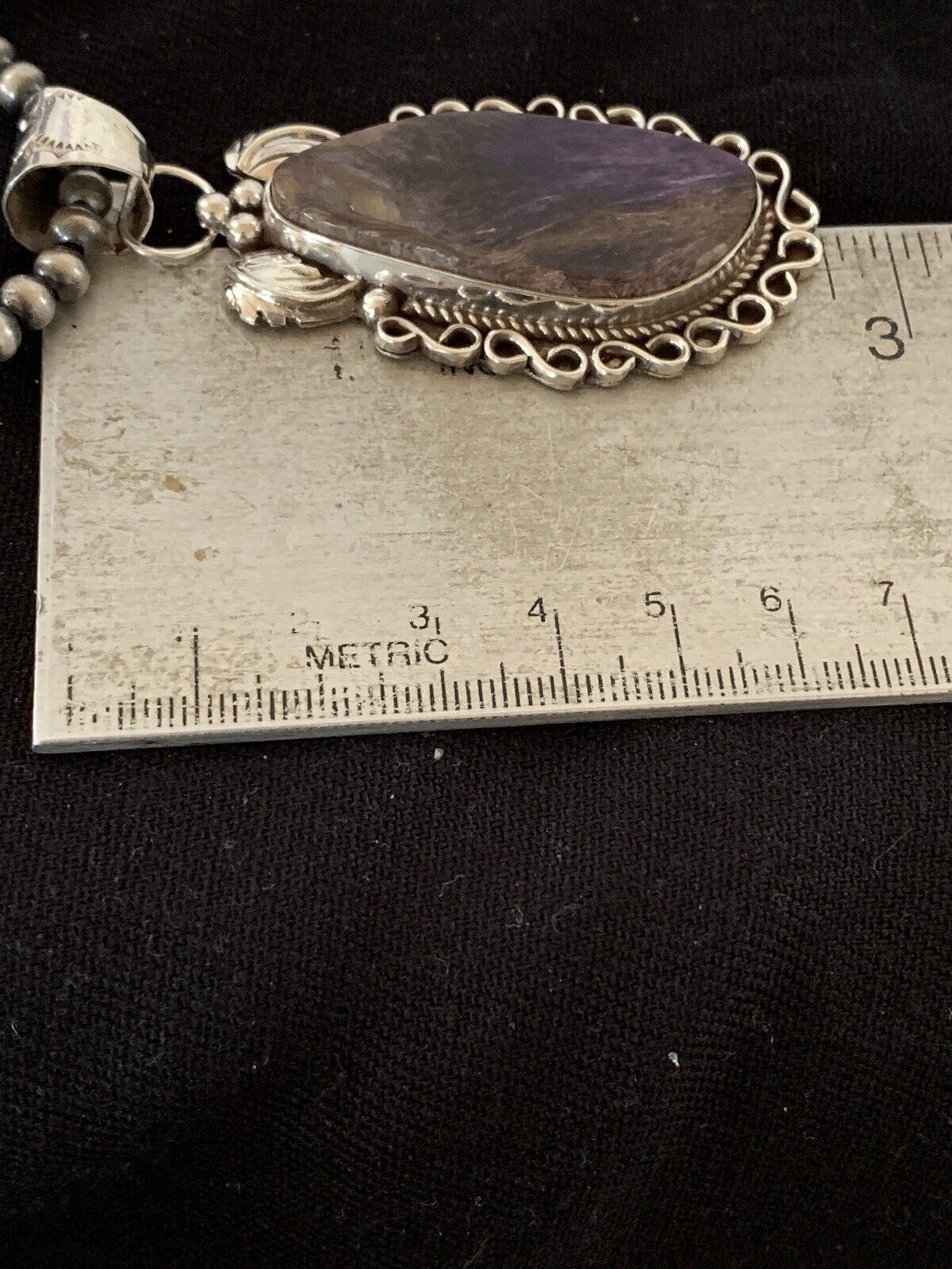 Navajo Pearls Necklace with Purple Charoite Pendant | Sterling Silver | Authentic Native American Handmade | 652