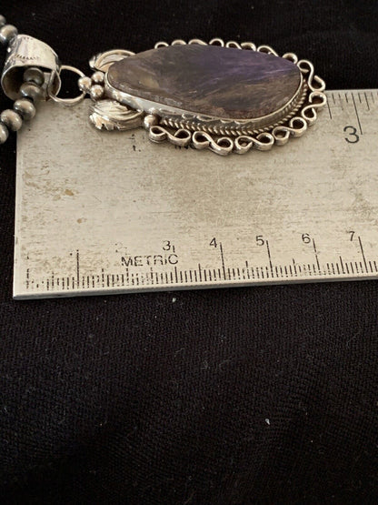 Navajo Pearls Necklace with Purple Charoite Pendant | Sterling Silver | Authentic Native American Handmade | 652