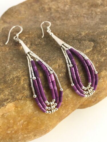 Native American Sugilite Heishi Tube Dangle Earrings | Sterling Silver | 2" | 8874