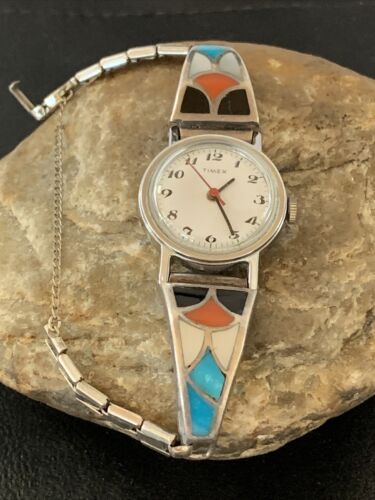 Navajo Sterling Silver Watch Tips with Turquoise, Coral, and Onyx Inlay | Authentic Native American Jewelry | Vintage Old Pawn