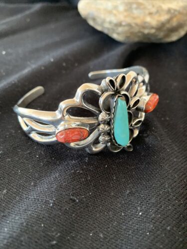 Men's Navajo Kingman Turquoise & Spiny Oyster Bracelet | Sterling Silver | Authentic Native American Handmade | 01031