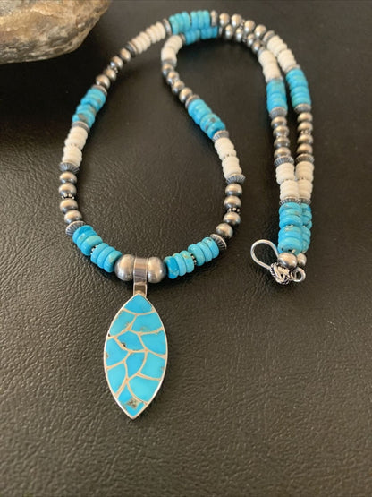 Zuni Turquoise Howlite Inlay Necklace Pendant | Sterling Silver | Authentic Native American Handmade | 02091