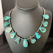 Southwestern Navajo Pearls Necklace | Sterling Silver Blue Turquoise Teardrop | 13151
