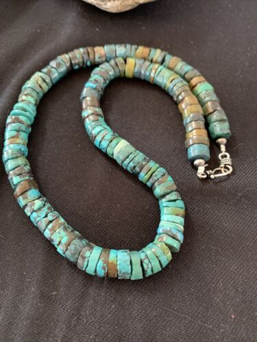 Native American Blue Green Turquoise Heishi Necklace | 9mm | Sterling Silver | 20" | 876 - Masha USA