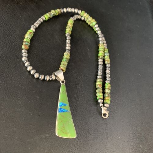 Navajo Green Turquoise Gaspeite Inlay Necklace | Sterling Silver | Authentic Native American Handmade | 13808