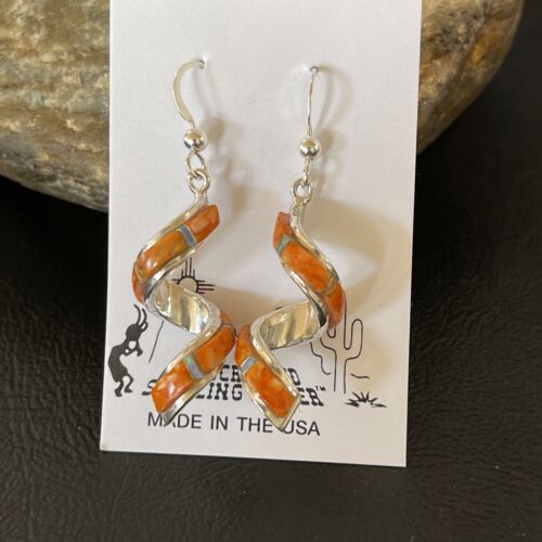 Navajo Snake Swirl Earrings | Orange Spiny Opal Inlay | Sterling Silver | 1.25" | Authentic Native American Handmade | 1549
