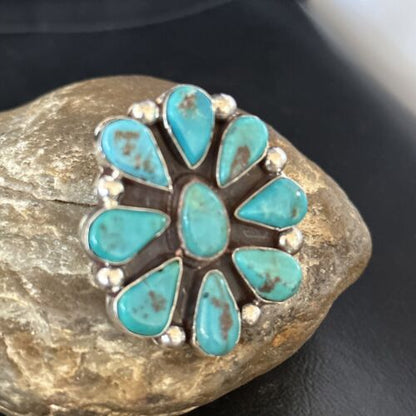 Navajo Blue Turquoise Cluster Ring | Authentic Native American Sterling Silver | Multi-Stone | Sz 7 | 14728