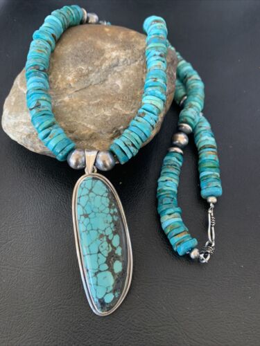 Navajo Pearls Spiderweb Beads Turquoise Necklace Pendant | Sterling Silver | Authentic Native American | Graduated | 22" | 10222