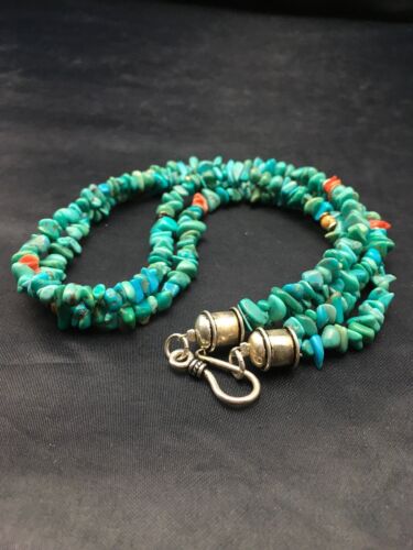 Navajo Blue Turquoise Nugget Bead Necklace | 2 Strand | Sterling Silver | 17" | Authentic Native American Handmade | 4490 - Masha USA