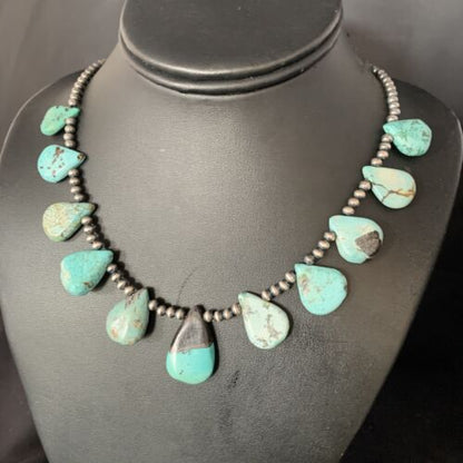 Navajo Pearls Blue Turquoise Teardrop Necklace | Sterling Silver | 20" | Authentic Native American Handmade | 13429