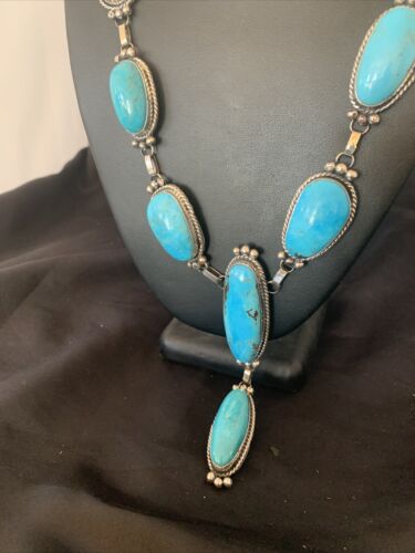 Navajo Kingman Turquoise Lariat Necklace | Sterling Silver | Authentic Native American Handmade | 11571