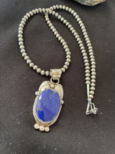 Native American Men's Navajo Pearl Pendant Necklace | Sterling Silver Blue Lapis | 01527