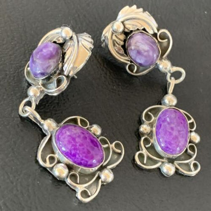Navajo Purple Sugilite Dangle Post Earrings | Sterling Silver | 2" | Authentic Native American Handmade | 1524