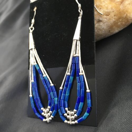 Handmade Liquid Silver Heishi Dangle Earrings | Dark Blue Lapis Tub | 2.25" | 2013