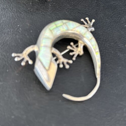 Navajo White Opal Lizard Pin Pendant | Inlay Gecko | Sterling Silver | Authentic Native American Handmade | 14333