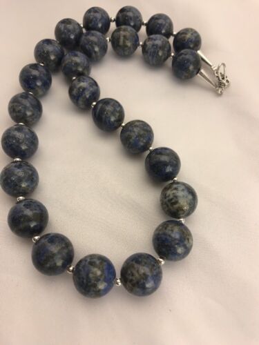 Authentic Native American Handmade | Navajo Sterling Silver Denim Lapis Bead Necklace | 20" | 16mm