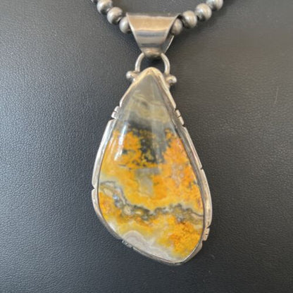 Men's Navajo Pearls Necklace with Bumblebee Jasper Pendant | Sterling Silver | Authentic Native American Handmade | 10556