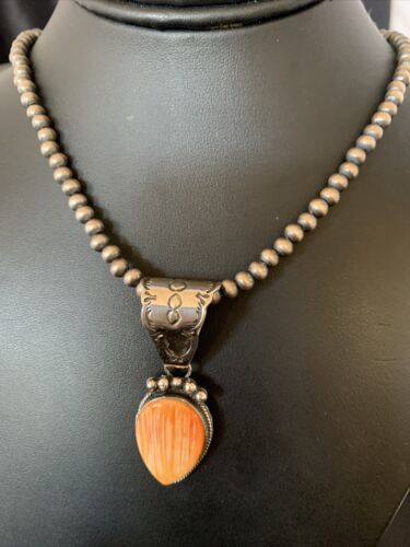 Navajo Orange Spiny Oyster Pendant Necklace | Sterling Silver | Authentic Native American Handmade | 13080