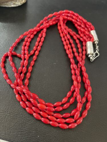 Navajo Red Coral 5-Strand Necklace | Sterling Silver Barrel Beads | 22" | Authentic Native American Handmade | 10438