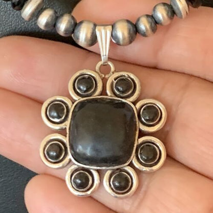 Navajo Pearl Necklace Pendant | Authentic Native American Sterling Silver Black Onyx | Multi-Stone | 22" | 12270