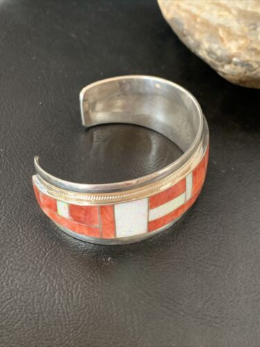 Native American Zuni Red Spiny Oyster Opal Inlay Cuff Bracelet | Sterling Silver | 12096