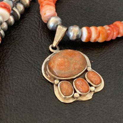 Navajo Pearl Necklace with Red Apple Coral, Spiny Oyster Pendant | Authentic Native American Sterling Silver | Multi-Stone | 12390