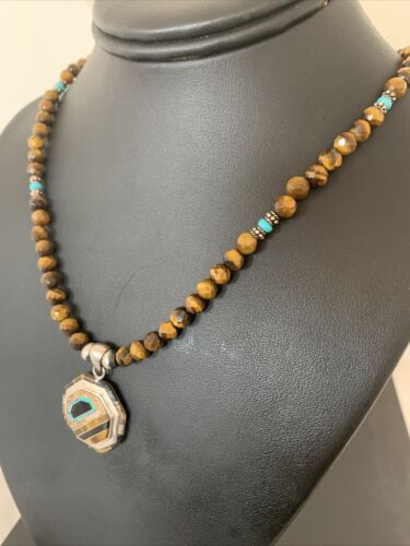 Navajo Tiger's Eye & Spiny Oyster Necklace | Sterling Silver Pearls | 20" | Inlay | Authentic Native American Handmade | 1459